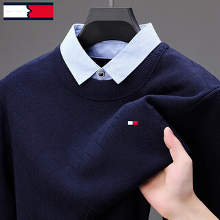 Tome bornek american tomm tommy 2025 soft skin-friendly sweater for men in autumn and winter plus velvet fake two-piece wool sweater navy blue-blue collar xl 52 recommended 135-150jin jin equals 0.5 kg