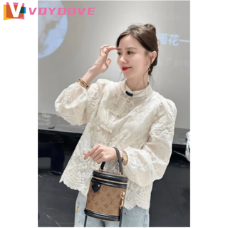 Voydove new chinese top women's shirt 2025 new style light luxury spring and autumn national style embroidery design shirt off-white shirt z m (100-115jin jin is equal to 0.5 kg)