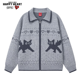Charles heart retro college style kitten knitted sweater for men and women, autumn and winter long-sleeved couple sweater, floral gray xs