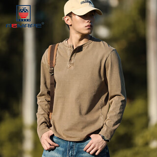Aemape brand long-sleeved t-shirt men's brown loose henley shirt 2025 autumn new 300g heavy cotton bottoming shirt brown m