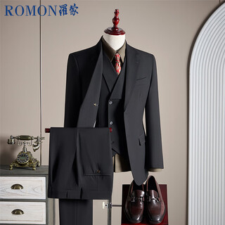 Romon suit + vest + trousers modal cotton wool haute blazer business dress jacket men black 2xl