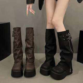 Feiyao boots for women 2025 new big-toe martin boots with thick soles and heightening below the knee trouser boots high knight boots black 37 (shoe size is one size larger)