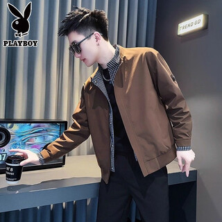 Playboy spring and autumn vacation two-piece jacket men's stand-up collar clothes 2025 new autumn and winter plus velvet men's high-end jacket trendy coffee color 8157-fake two-piece jacket high quality l