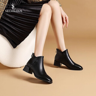 Sechilouis brand medium heel sheepskin short boots for women 2025 new autumn and winter thick heel moccasins plus velvet women's shoes ankle boots martin boots black velvet lining 38