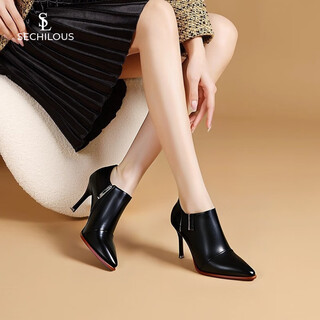 Sechilouis brand pointed toe super high heel ankle boots for women 2025 autumn new versatile slimming french deep mouth stiletto shoes black 37