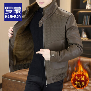 Romon high-end retro pu imitation leather jacket for men winter new fashion casual motorcycle jacket plus velvet thickened jacket brown velvet thickened xl 120-135jin jin equals 0.5 kg