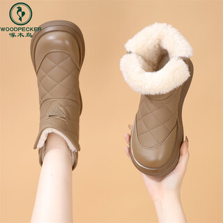 Woodpecker genuine leather flat snow boots for women 2025 winter new anti-slip soft sole plus velvet thickening cold-resistant large cotton shoes khaki color velvet thickening rubber sole 37 standard size