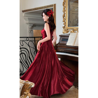 Gjfdgood job cinnabar french red retro waisted large skirt dress feminine high-end dress red l