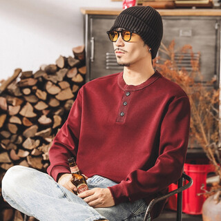 Jay leno american retro henry collar sweatshirt men's spring and autumn 2025 new loose casual 300g heavyweight long-sleeved polo shirt for men maroon heavy 300g m suitable for 100-120jin jin equals 0.5 kg