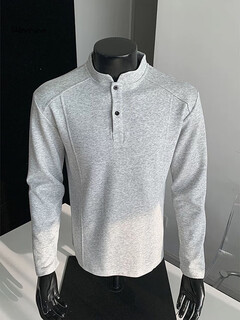 Yingtang henry collar long-sleeved t-shirt men's spring and autumn heavy-weight right-shoulder polo shirt sweatshirt loose casual upper clf-t232 light gray m
