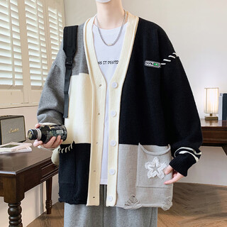 Pierre cardin sweater cardigan men's autumn new loose casual versatile jacket men's color matching trendy design v-neck sweater 24865 light gray xl 180 (about 145~160jin jin equals 0.5 kg can be worn)