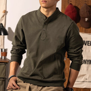 Kazuki kuraishi kazuki kuraishi trendy brand retro henley collar sweatshirt for men 2025 autumn and winter japanese pullover stand collar pure cotton heavyweight long-sleeved henley shirt army green 3xl
