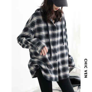 Chic ven 2025 autumn and winter cotton brushed feel versatile hooded plaid shirt lazy feeling long sleeve shirt women chicven navy plaid s (43-58kg)