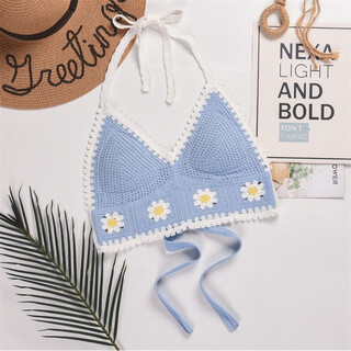 Beach backless strappy v-neck knitted tube top suspender bra wrapped breast halter neck bikini swimsuit top for women blue one size