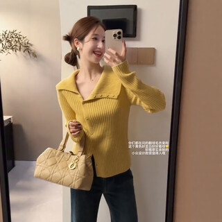 Su yuwei french yellow large lapel long-sleeved knitted cardigan for women early autumn irregular sweater jacket short temperament top yellow follow the store - free shipping insurance s (80-95jin jin equals 0.5 kg)
