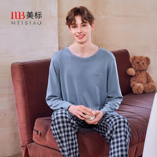 American standard new long sleeve couples pure cotton pajamas for women spring and autumn simple casual plaid cotton wearable outerwear home clothing suit for men edelweiss blue 3xl