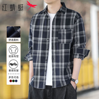 Red dragonfly shirt men's long-sleeved shirt cotton fashion casual plaid shirt versatile comfortable top men's navy blue xl
