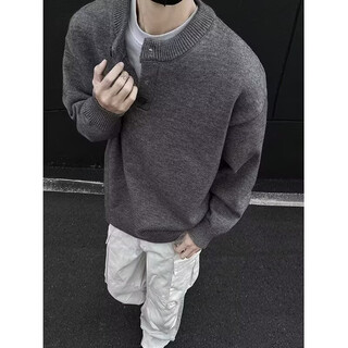 Porphyry gray henley neck long sleeve sweater men's 2025 winter korean button round neck warm sweater men's dark gray xl
