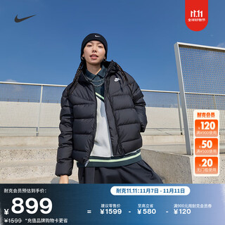 耐克女子防风羽绒服连帽夹克冬季保暖印花防泼水外套NIKE DQ5904 010黑/黑/白 S