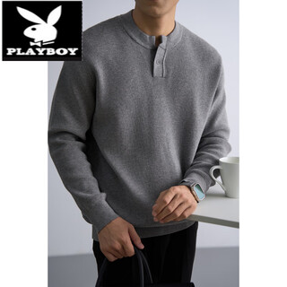 Playboy (playboy) autumn and winter thick waffle henley sweater men's long-sleeved casual loose black sweater wool sweater versatile gray 2xl