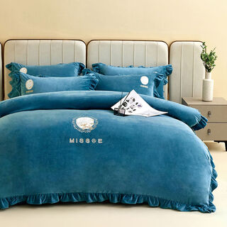 Fantasy thickened baby milk velvet four-piece winter coral velvet double-sided flaillan plus velvet sheet quilt cover bed eve-lake blue 1:2 hanging three-piece quilt cover 150*200