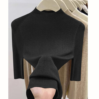 Yu zhaolin (yuzhaolin) high-end half turtleneck knitted bottoming shirt for women half-sleeved and five-quarter-sleeved autumn and winter new temperament versatile top black