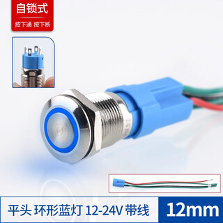 Zave metal button switch 12mm flat head ring blue light 12-24v with wire self-locking