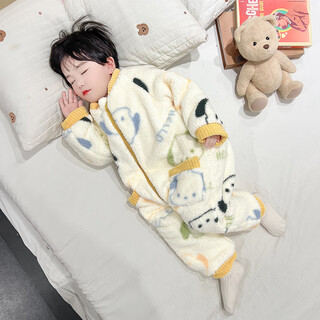 Children's one-piece pajamas in the wild and wild, autumn and winter flannel thickened one-year-old baby baby sleeping bag, boy's coral velvet anti-kick quilt, off-white 100cm