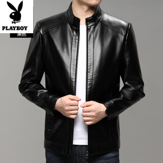 Playboy brand men's stand collar motorcycle leather jacket 2025 autumn and winter simple and versatile jacket haining genuine leather jacket black xl 180