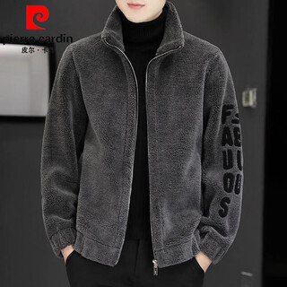 Pierre cardin 2026 men's autumn and winter new imitation sherpa jacket men's stand collar trendy velvet thickened men's winter jacket gg09# gray single layer l 116-130jin jin equals 0.5 kg