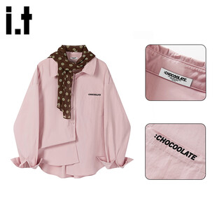 Chocoolate it women's pure cotton trendy brand pink lapel long-sleeved shirt women's autumn and winter loose shirt women's top 2025 new pink (with scarf) s