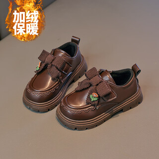 Girls' leather shoes, children's velvet princess shoes, winter new medium and large children's two-cotton beanie shoes, girls' lolita cotton shoes, brown 24 / inner length about 15.0 cm