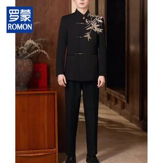 Romon new chinese style xiuhe suit men's chinese style black mao suit wedding dress groom men's stand collar tang suit golden bamboo leaf style-top + pants m
