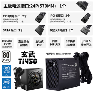 Taifast computer power supply rated 600w 500w graphics card desktop 700w game case power supply xuanwu 12v single output/flat cable/silent fan/back wiring xuanwu ti450 rated 450w (black)
