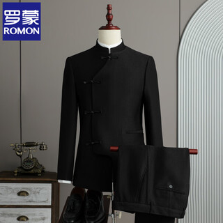 Romon chinese style stand collar suit men's suit business casual versatile fashion banquet button dress groom wedding suit black (single-piece suit) xl (125-140jin jin equals 0.5kg)