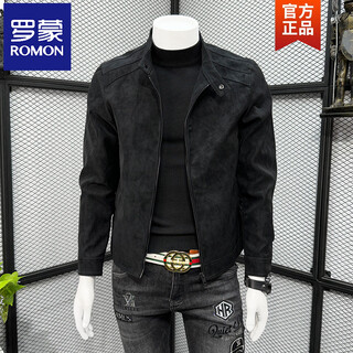 Romon suede leather jacket men's plus velvet spring, autumn and winter handsome stand-up collar slim fit thickened casual pu leather jacket black m