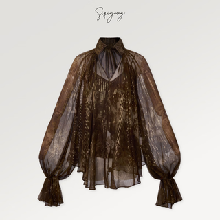 Siqiyoungmorris-retro romantic printed top mulberry silk v-neck lantern sleeve shirt retro gold m