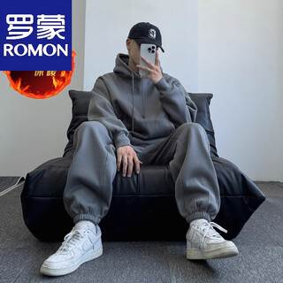 Luo meng's handsome sports suit for men and women in autumn and winter, simple and loose, velvet and thickened couple's sweatshirt casual two-piece set, smoky gray, one set, velvet and thickened 2xl