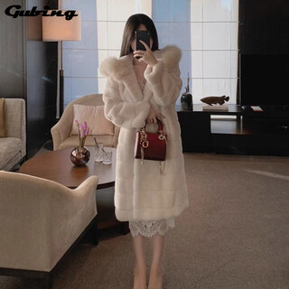 Gu bing imitation rabbit fur imitation fur coat for women mid-length hooded imitation fox fur collar winter new imitation mink coat for women beige s
