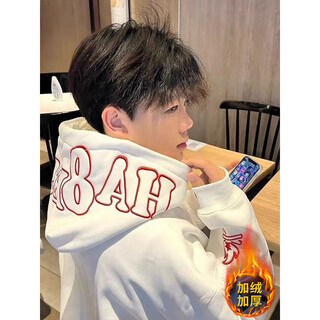 Qumi le american high street stiff hooded sweatshirt men's autumn and winter loose trendy heavy duty lazy top couple jacket hoodie white - velvet l recommended 100-120 jin jin equals 0.5 kg