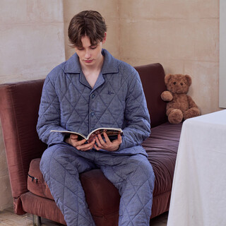 American standard's new three-layer thickened cotton couple pajamas set men's cotton casual plaid can be worn outside home clothes, deep sea blue xl