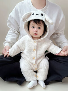 婴儿斗篷外出防风女宝男宝半边绒针织披风兔耳朵挡风连帽外套披肩 超萌兔子针织连帽连体衣 66 66cm