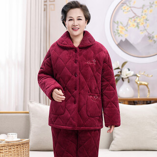 Suiyue coral velvet quilted pajamas for women winter three-layer thickened velvet flannel middle-aged mothers and elderly home clothes can be worn outside n5215 burgundy h milk velvet upgraded thickened fabric cut 2xl size (120-135jin jin is equal to 0.5 kg)