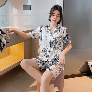 情侣睡衣夏季女士韩版印花短袖短裤套装男薄款开衫宽松冰丝居服 水墨花双短女款 M