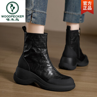 Woodpecker leather version 2025 autumn and winter new small heightened wedge short boots thick-soled martin boots sheepskin chelsea boots black 34