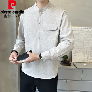 Pierre cardin high-end men's cotton and linen t-shirt men's spring and autumn new long-sleeved polo bottoming shirt casual and versatile henley collar linen khaki m