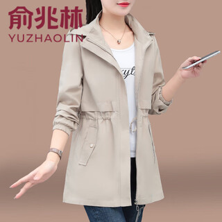 Yu zhaolin medium-length windbreaker jacket for women 2025 new spring and autumn middle-aged mother fashionable women's loose hooded waist top khaki 2xl (recommended 125-140 jin jin equals 0.5 kg)