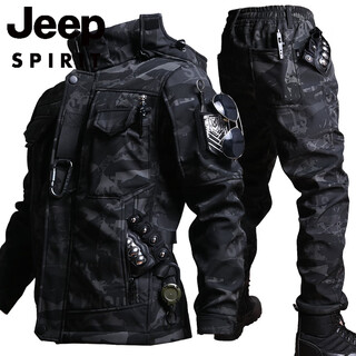 Jeep spirit outdoor fishing and riding outer workwear set motorcycle functional soft shell jacket suit men's winter velvet camouflage suit m 170 (121-135jin jin equals 0.5 kg)