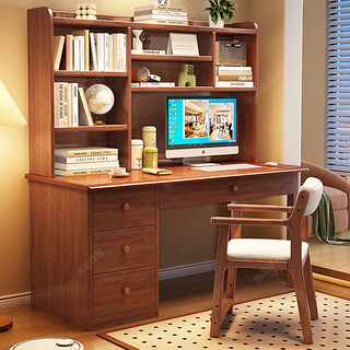Huixun solid wood desk bookshelf integrated table student home desk bookcase combination bedroom children's study computer desk walnut color #desk + bookshelf 100cm*60cm*75cm total height 155cm