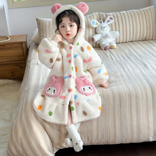 Liangbei castle girls pajamas flannel autumn and winter girls baby winter pajamas coral velvet home clothing children's hooded bathrobe pink 110